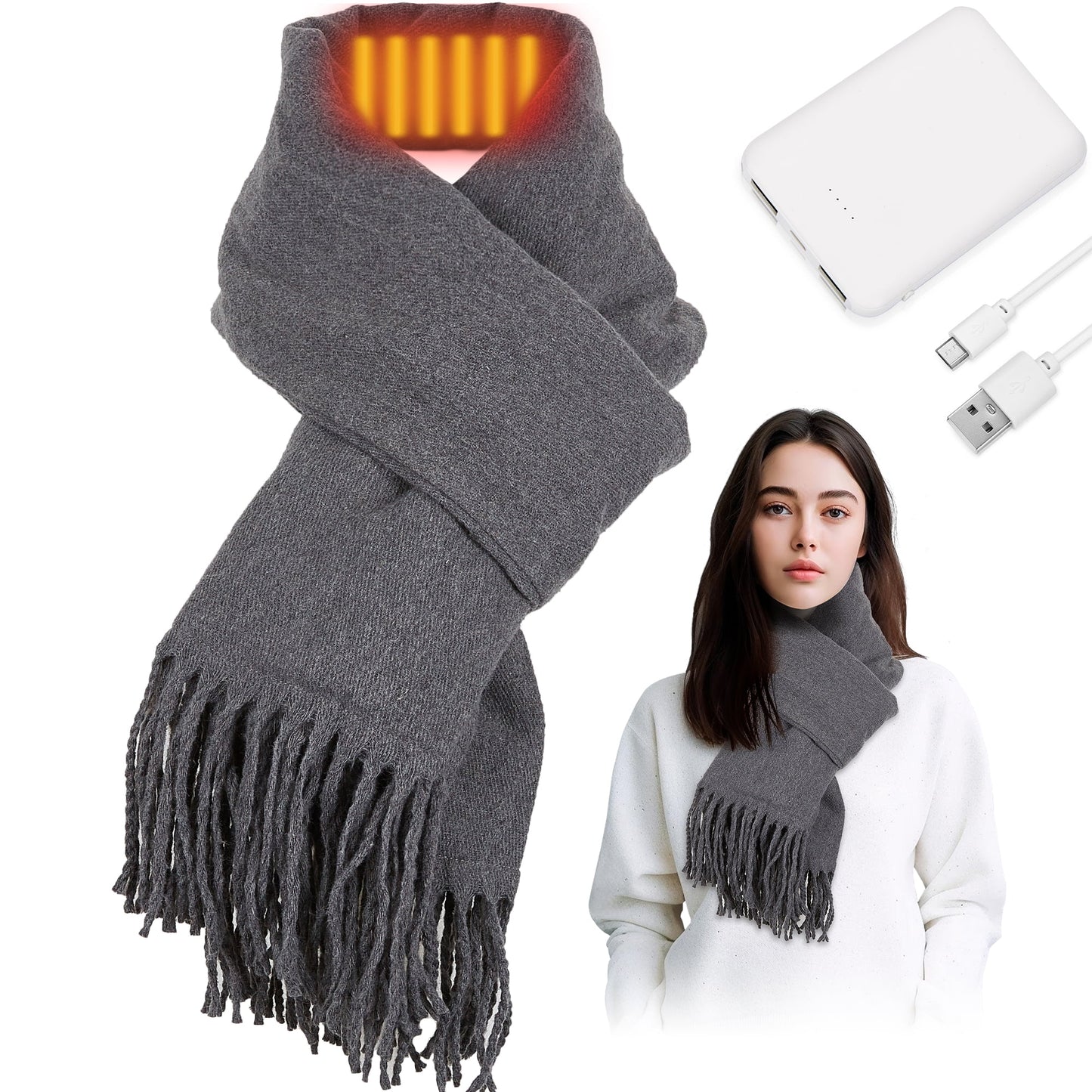 Heated Scarf for Women Men, USB Heating Scarf Long Shawl Warm Winter Electric Heated Neck Warmer Neck Heating Pad Scarves Cape,Tan