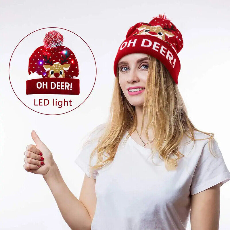 Cute LED Christmas Hat Light up Christmas Knitted Beanie Holiday Hat Warm Cap US